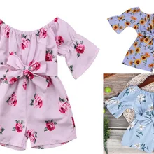 Розничная, детские комбинезоны для девочек г., летний полосатый комбинезон с цветочным принтом и открытыми плечами с поясом, детская одежда От 1 до 5 лет, E90646