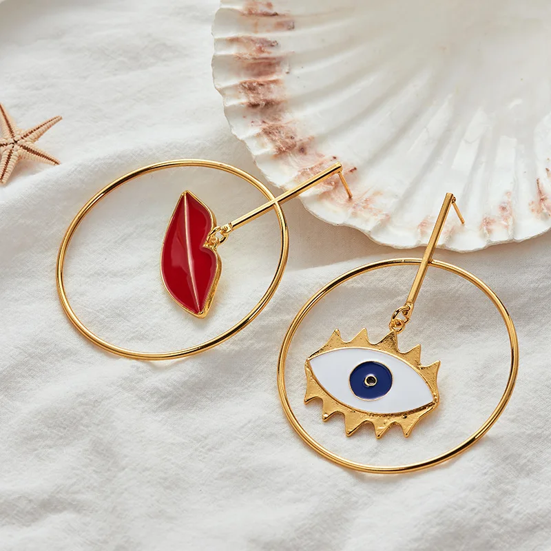 

Punk Charm Asymmetric Lip Evil Eye Earrings Unique Gold Color Loop Dangle Drop Earring For Women Girl Party Fashion Jewelry Gift