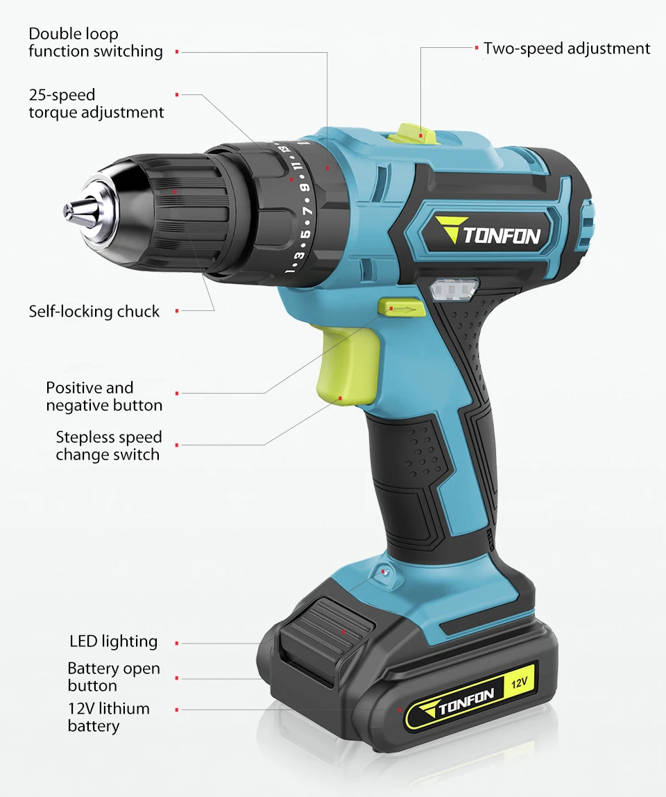 Xiaomi Mijia Tonfon Wireless Electric Cordless Drill Impact Power Driver 12V 1200mAh Battery 2-Speed EU Adapter (4)