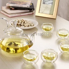 7 шт./лот распродажа новинок 7 шт./компл. высокая термостойкость стеклянный чайный набор 1 шт. 600 мл чайник+ 6 шт. 50 мл двойная чашка из органической кожи 1135