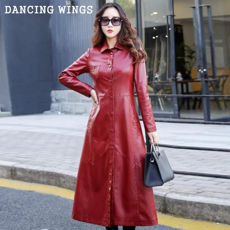

Black Red Spring Autumn Long Leather Coat Slim Style Single Breasted Women PU Leather Trench Coats Plus Size 5XL
