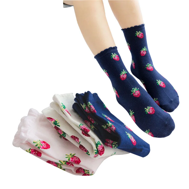 5 Pairs Women's Sock Japanese Cotton Tube Shaping Strawberry Socks