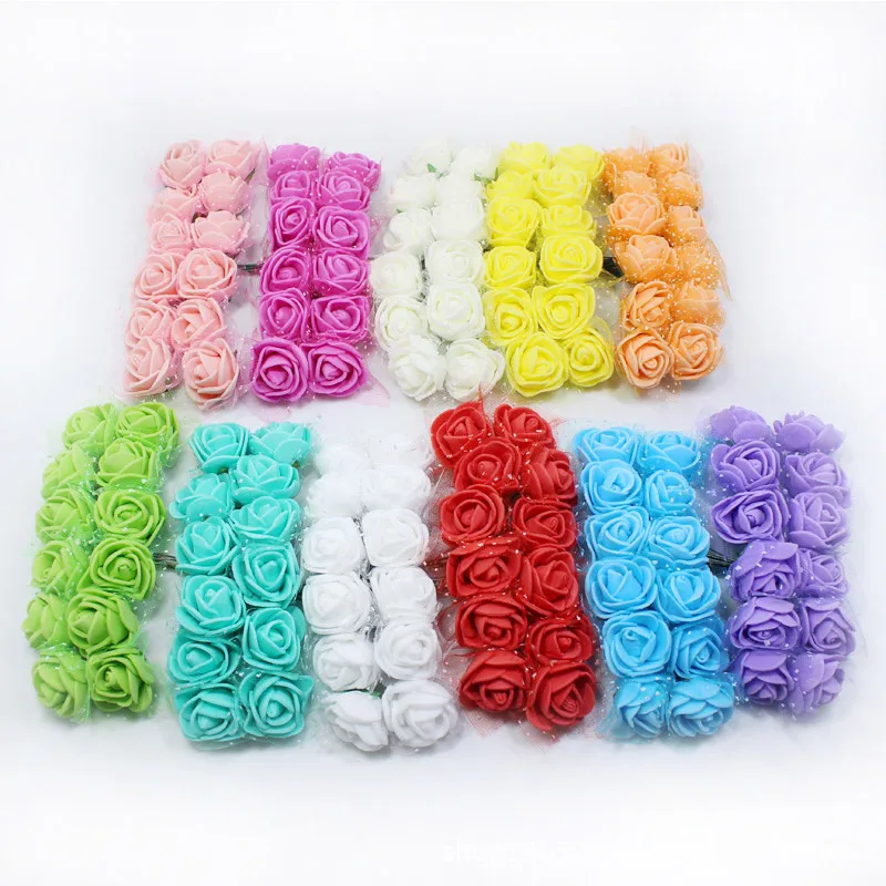 

144pcs/lot Artificial Mini Foam Simulation Rose Flowers with Yarn For Wedding Party Bridal Decor Furnish Car DIY Home Decoration