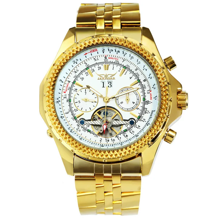 Мужские часы в стиле хип-хоп, автоматические механические часы с календарем, мужские часы от ведущего бренда, роскошные часы с турбийоном, золотой, в стиле панк, Стальные наручные часы - Цвет: 011 GOLDEN-WHITE