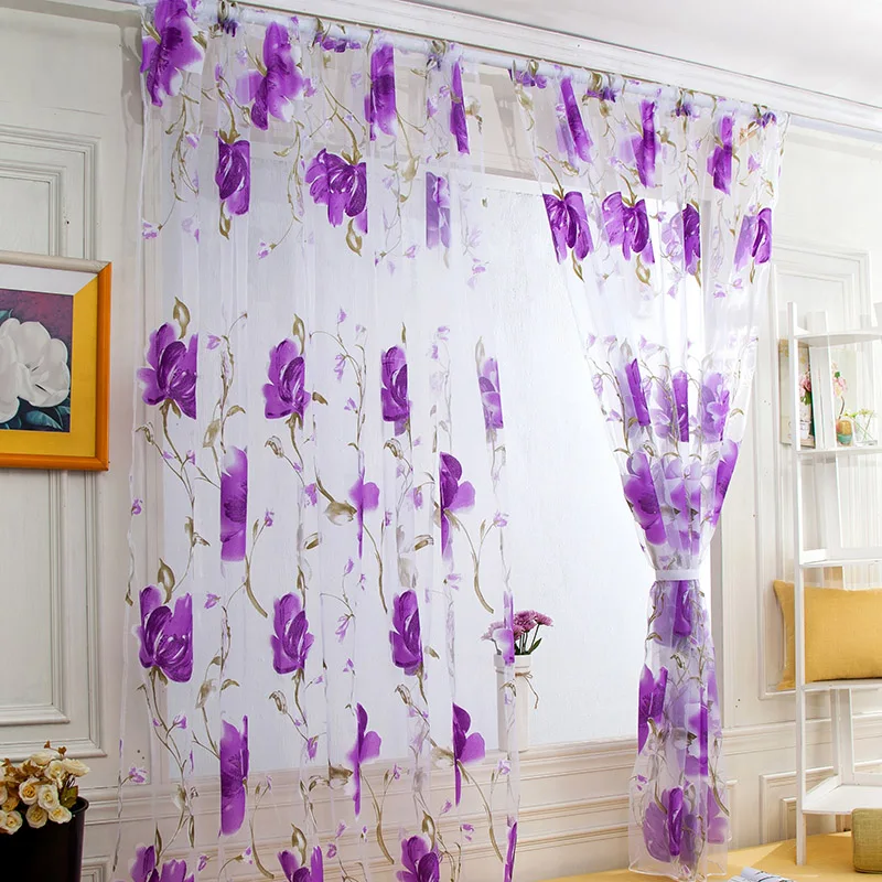 

1 Piece Flower Printed Tulle Door Window Curtain Translucidus Tube Curtain Valances Drapes Living Room Window Curtain 100*200cm
