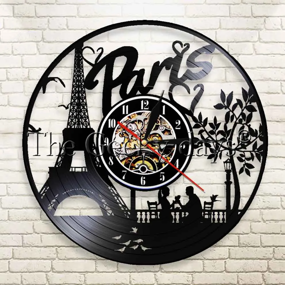 

1Piece Paris Vinyl Record Wall Clock France Paris Skyline Wall Decor Eiffel Tower City Of Love Handmade Original Clock