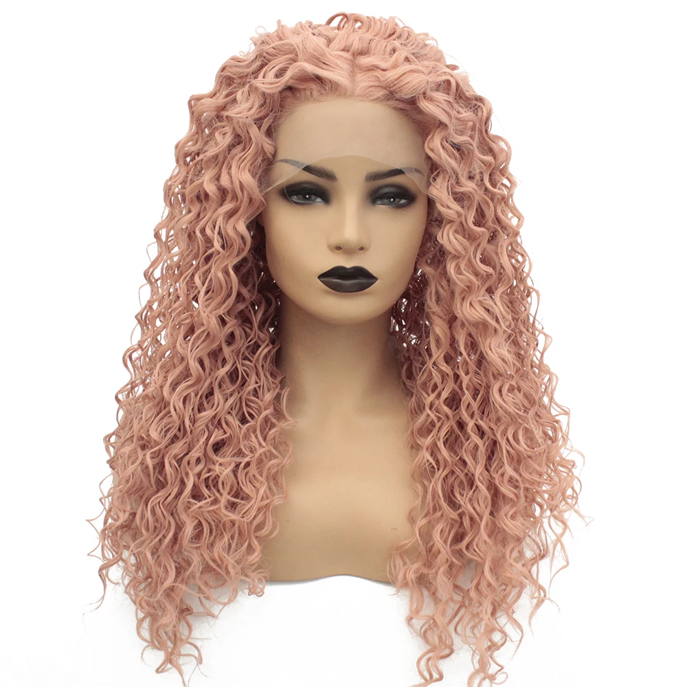 

V'nice Rose Gold Wig Synthetic Lace Front Heat Resistent Middle Parting Loose Curl Wigs for Women Light Beige Brown Lace
