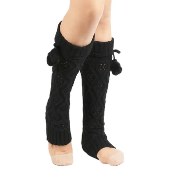 

Women Fashion Knitting Footless Leg Warmers Knee High Boot Socks with Fur Ball