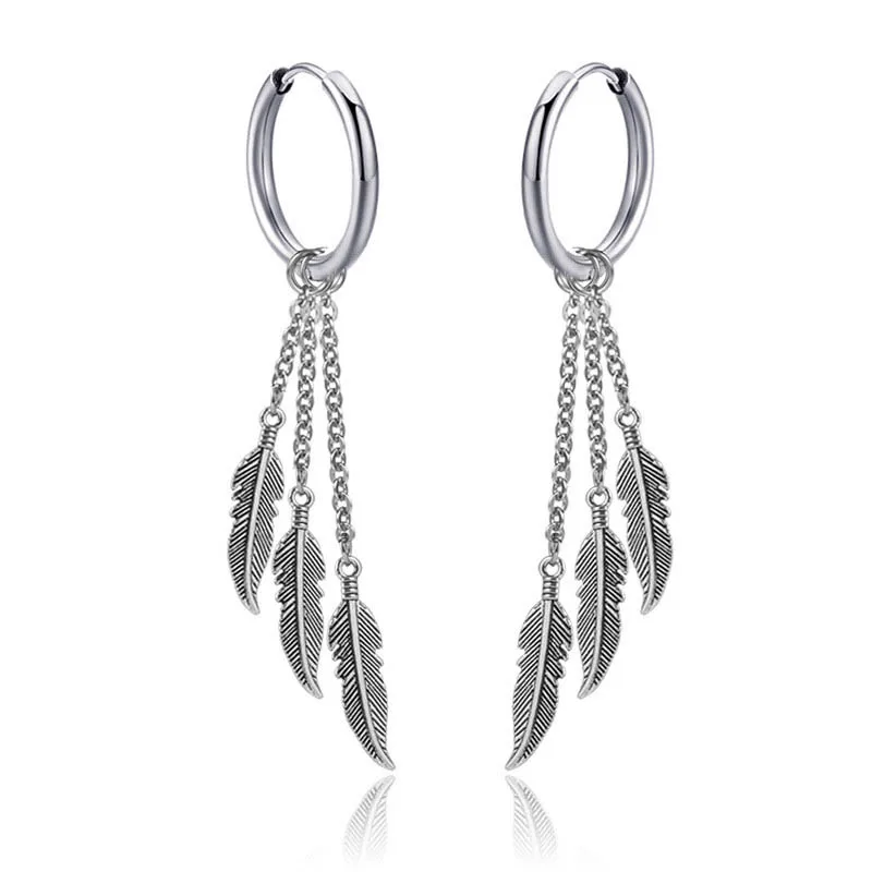 

Feather Circle Pendant Tassel Stainless steel Earrings For Women Girls Fashion Punk Style Stud Ear Jewelry Gifts 2 pieces