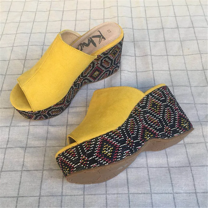 

Yellow Fashion Summer Casual Ladies Shoes Platform Wedges High Heels Mules Open Toe Women Slippers Peep Toe Crystal Slides Shoes