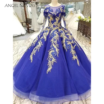 

Real Picture Long Sleeves Princess Ball Gown Luxury Royal Blue Muslim Wedding Dresses 2020 Abito Da Sposa Principess
