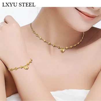 

Luxury 316L Stainless Steel Heart Choker Necklace Pendant + Bracelet Jewelry Sets Women Engagement Jewellery Accessories