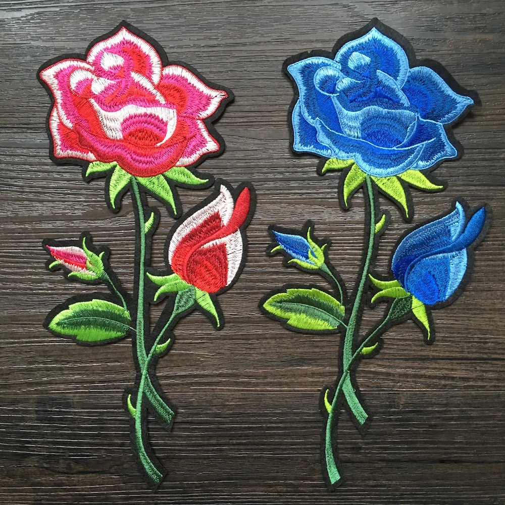 1Piece Pink/Blue Flowers Embroidered Patches for Clothes Iron on Flower Patch Applique for DIY