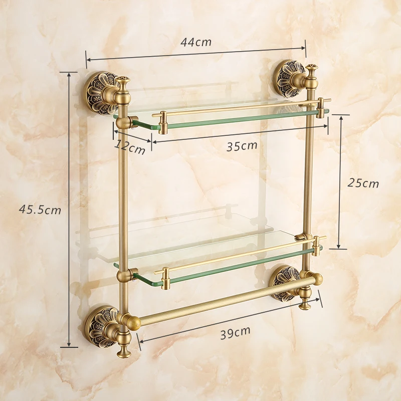 Prateleira de Vidro com Barra Barra de Toalha do Banheiro Fixado na Parede Prateleira de Vidro Duplo de Toalha do Banheiro Lavatório Dois Tiers da Temperado Acabamento Antique Bronze 24 Prateleira de vidro dobro do banheiro com barra de toalha