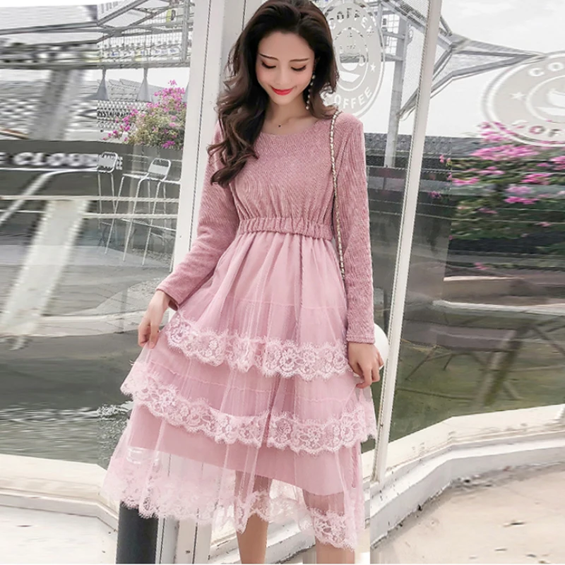 

Women Lace Patchwork Midi Long Dress Autumn Spring Elegant Cake Dresses for Pregnant Party Fashion Slim Fit Pregnancy Clotes New