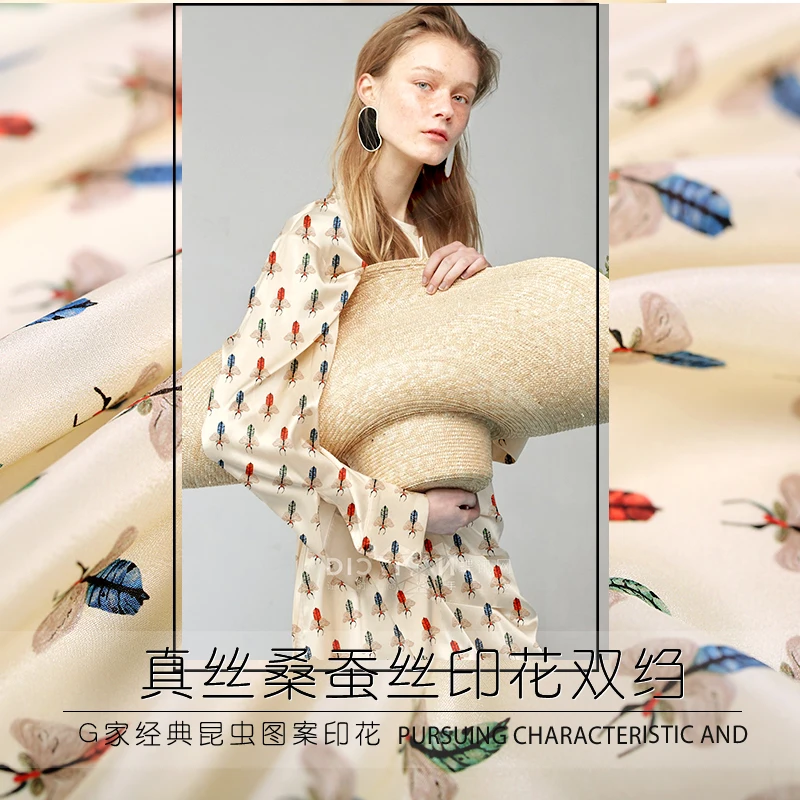 

1 Meter Insects Printed Silk Crepe De Chine Fabric Honeybee Tall Designer Dress Silkworm Silk Cloth
