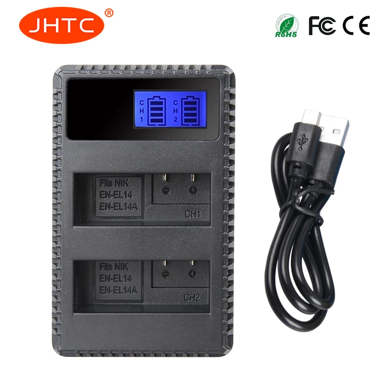 

JHTC EN-EL14 EN-EL14A Rechargeable Battery Charger Pack LED Display 2-Slot USB Cable Kit For Nikon D3100 D3200 D3300