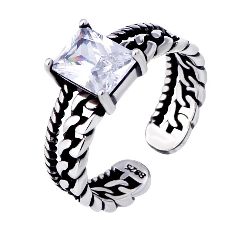 

Vintage tricolor 925 Sterling Silver Zircon Opening Rings Twisted Chain Models Fashion Black Auger Thai Silver Ring S-R01