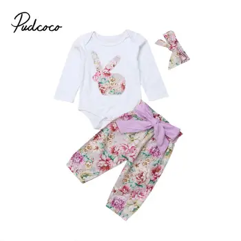 

Baby Girl Cotton Long Sleeve Rabbit White Romper+Long Floral Pant + Headband 3Pcs set Summer Newborn Clothing Outfits