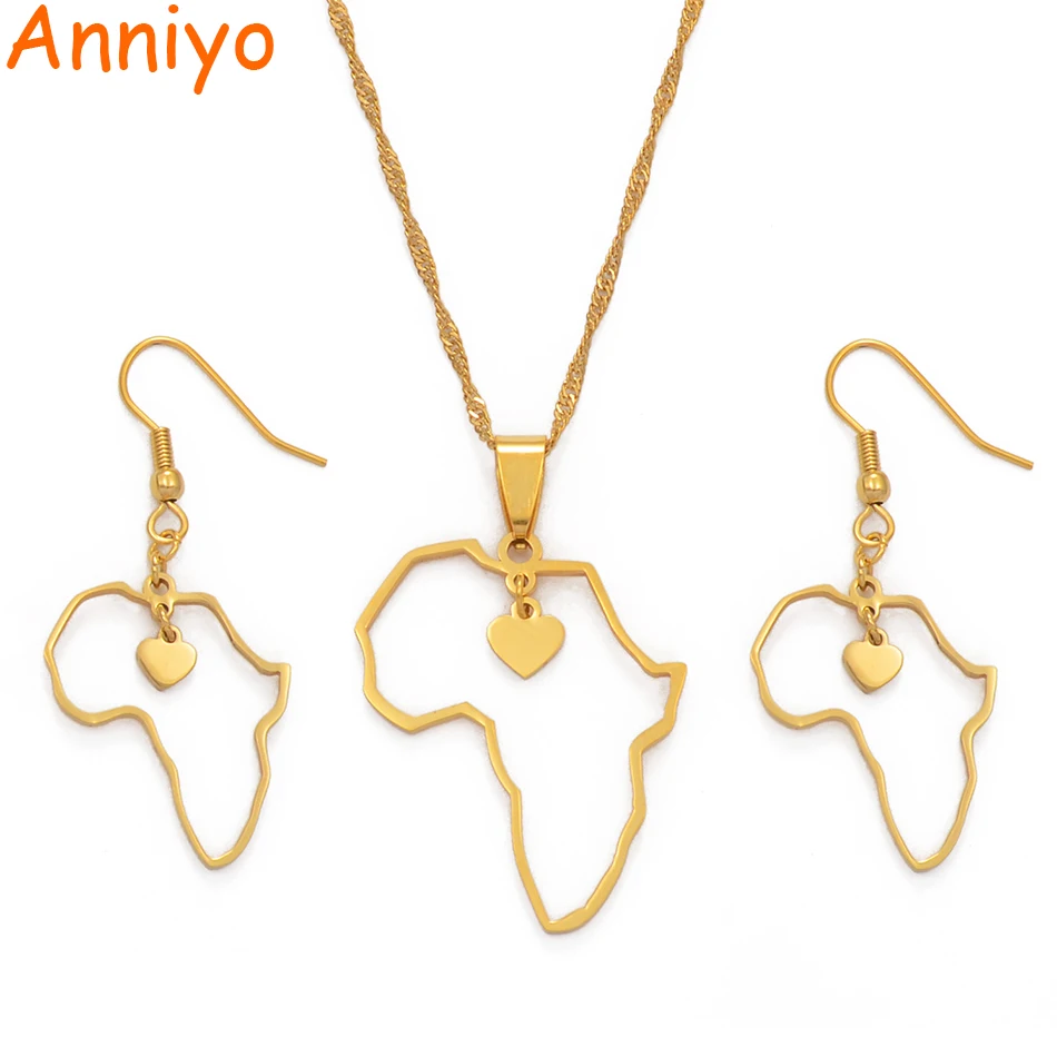 

Anniyo African Heart Map Pendant Necklaces & Earrings Africa Maps Jewelry Sets Stainless Steel African Ethnic Ornaments #105221