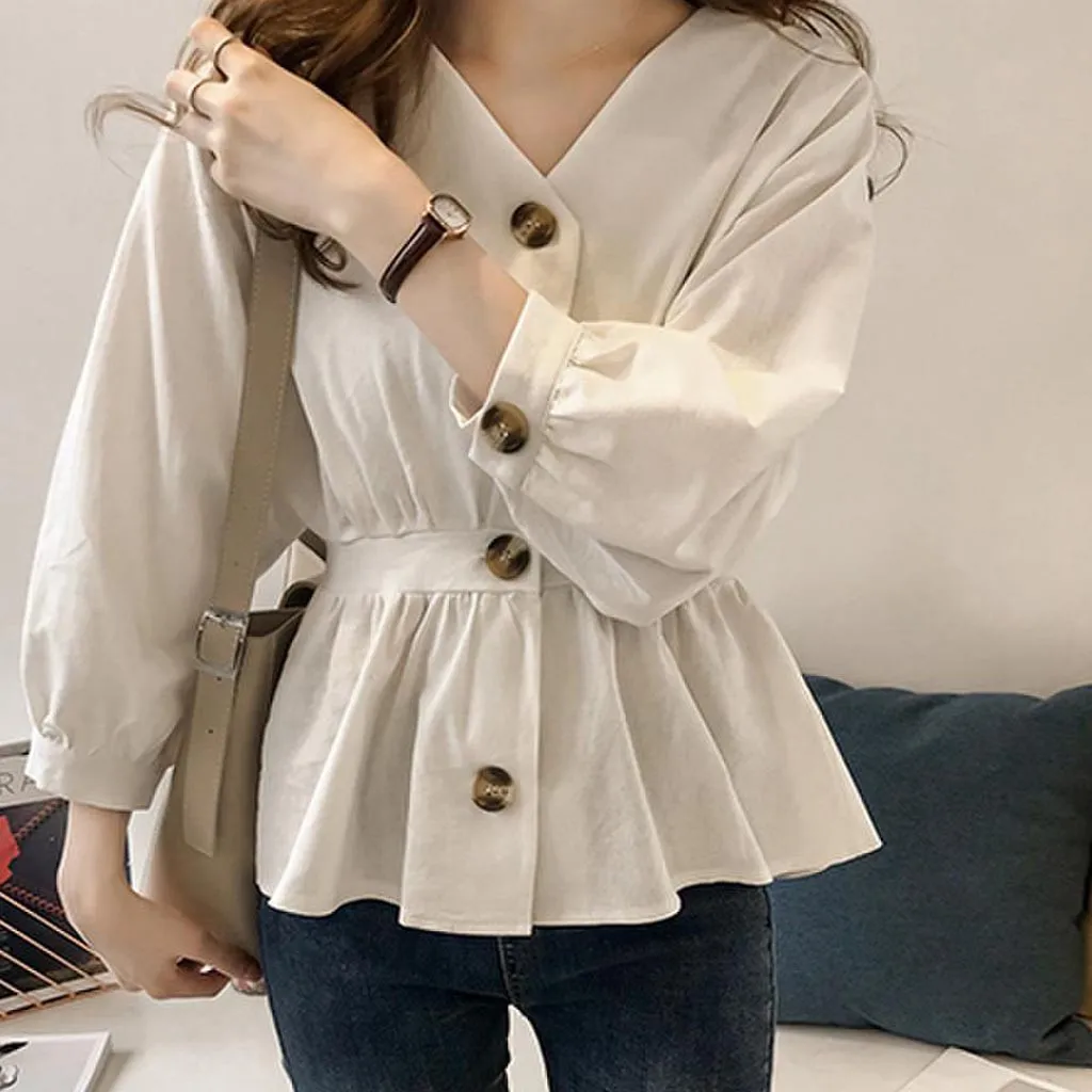 

YOUYEDIAN Waist Button Blouses Woman 2019 Fashion Women's Long Sleeve V-Neck Blouse Casual Solid Tunic Shirt haut femme