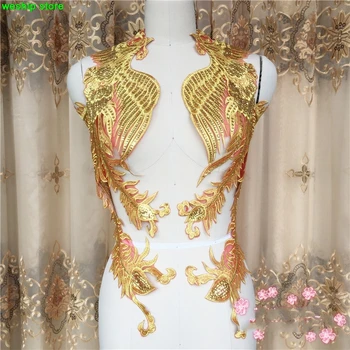 

High-quality Super gorgeous Lace embroidery patches Golden sequins Red Eugen yarn Phoenix Applique for DIY dress Wedding dress 2