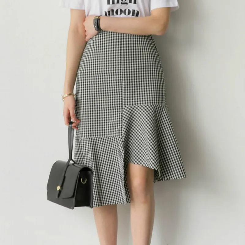 

2018 Leisure Fashion Plaid Asymmetrical Ruffles Faldas Mujer Moda England Style Summer Irregular Saia Midi Mujer Mermaid Skirt