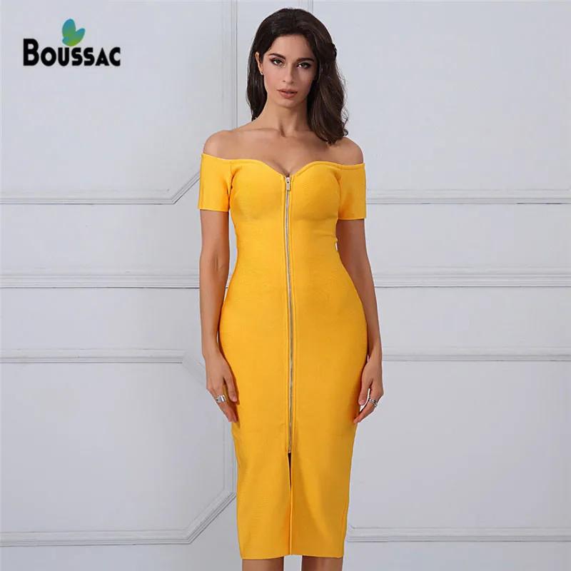 

BOUSSAC Women Party Bandage Dress Yellow Off Shoulder Knee-Length Slash Neck Dress Sheath Elastic Sexi Dress