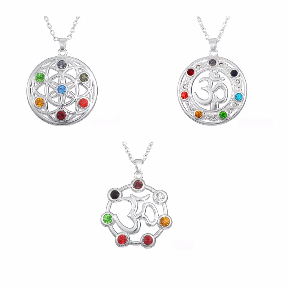 

Flower of Life Jewerly Stones and Crystals OM Yoga Chakra Pendant Rhinestone Necklace