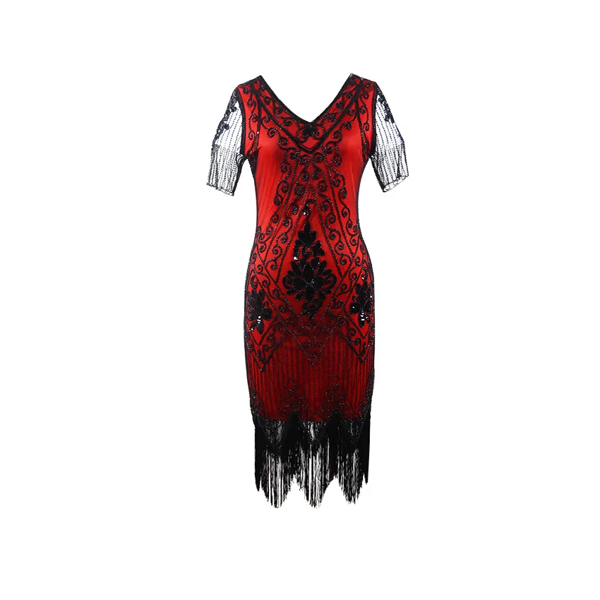 1920s Sequin Paisley Pattern Short Sleeve Racer Back Red Flapper Black Gold Dress Women's Sexy Fringe Great Gatsby Party Dresses (2)