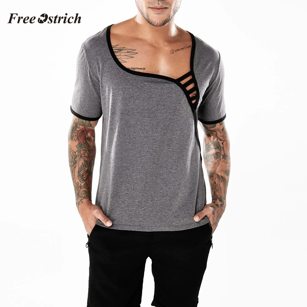 

Free Ostrich Men's Slim Solid T-shirt With Unique Collar Short Sleeve Tops For Men Top Grade Fabric Handsome T-shirt Summer