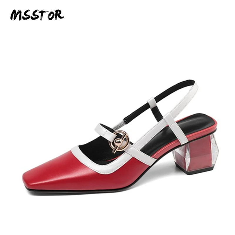 MSSTOR Square Toe Summer Sandals Mixed Colors Sexy Genuine Leather Party Red Sandals Buckle Square Heel Ladies Sandals 2019 5CM MSSTOR Square Toe Summer Sandals Mixed Colors Sexy Genuine Leather Party Red Sandals Buckle Square Heel Ladies Sandals 2019 5CM
