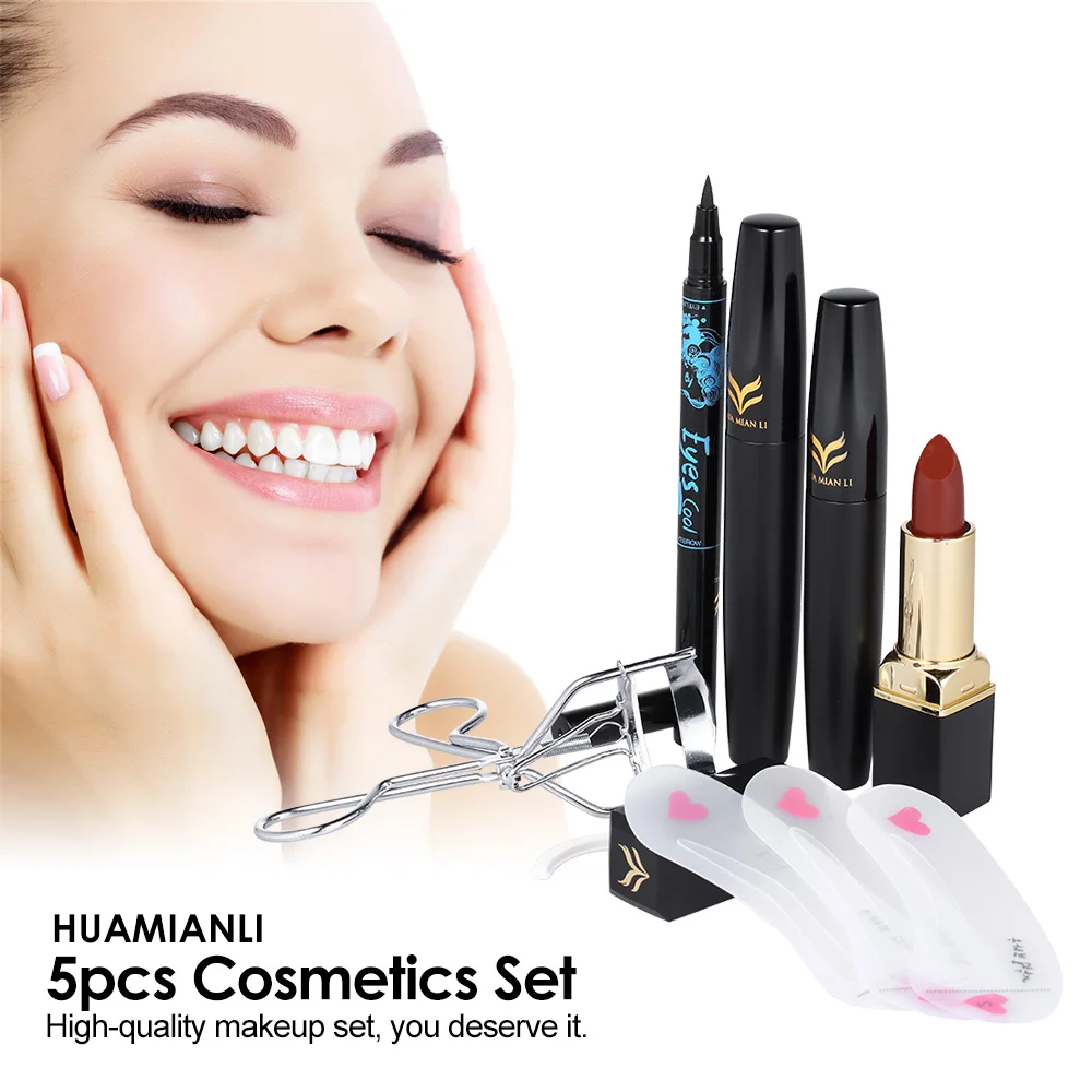 

HUAMIANLI 5pcs Facial Makeup Set Lipstick Eyeliner Eyebrow Pen Mascara Eyebrow Stencil Women Cosmetic Eyelash Curler Makeup Tool