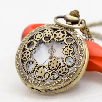 

Vintage Bronze Hollow Gears Quartz Pocket Watch with Necklace gift P027 45mm