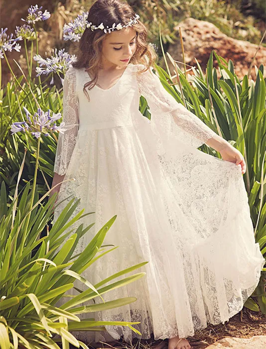

White A-Line Flower Girl Dresses Long Sleeves Lace Back Zipper Lace Vestido Daminha Casamento Longo Size 2-14Y