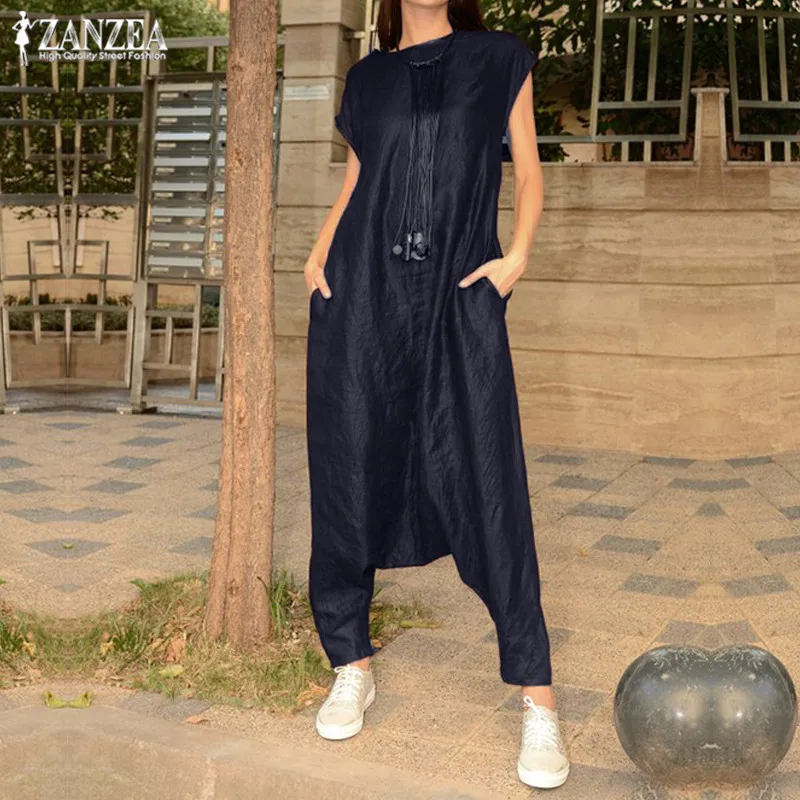 Overalls Women's Drop Crotch Jumpsuits 2020 ZANZEA Summer Cargo Pants Palazzo Female Short Sleeve Rompers Combinaison Femme 5XL