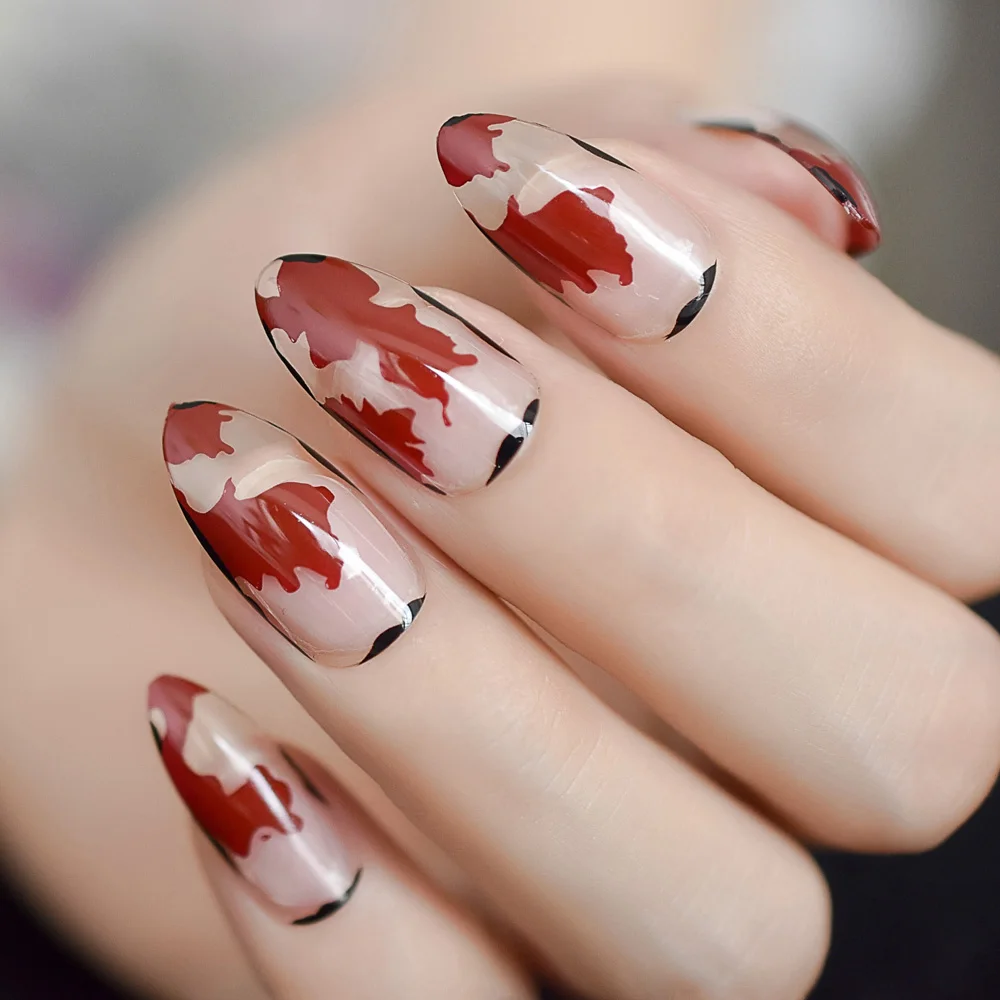 

Quality Nail Art Wholesale Tips Designed Fake Nails Transparent Stiletto Fake Press On Nails Red Leaf