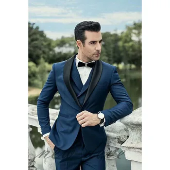

Black Lapel Navy Blue Mens Suits with pants terno masculino 3 Pieces Groom Party Work suit Custom 2017 wedding suits for men