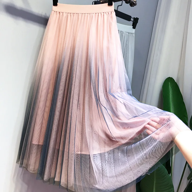 Новинка г. белые газовые градиентные Юбки Женская плиссированная летняя юбка
