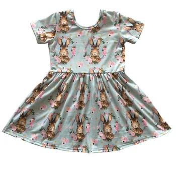

Stock cotton fabric baby dresses printing bunny boutique Easter day girl clothes
