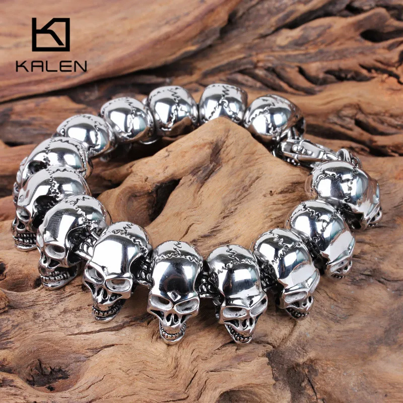 Kalen, череп, очаровательный мужской браслет на руку, нержавеющая сталь, панк, скелет, мужской металлический браслет, браслет, Европейский Панк, ювелирное изделие