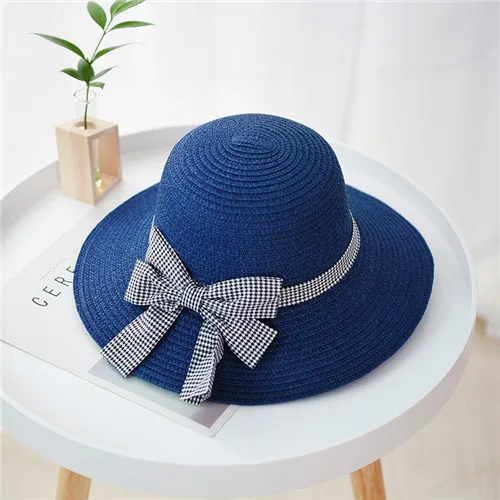 Женская соломенная шляпа, летняя Рыбацкая шляпа, корейская шляпа с бантиком, уличная пляжная большая шляпа, Женская солнцезащитная Кепка - Цвет: navy blue