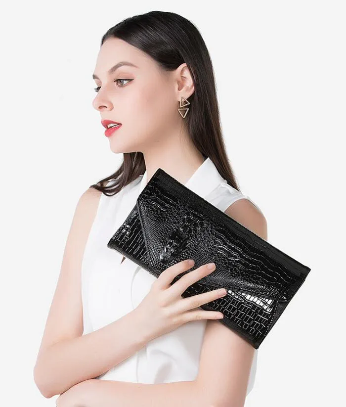 Женские сумки-клатчи из лакированной кожи, винтажные женские сумки из крокодиловой кожи, дизайнерские черные женские сумки-мессенджеры на цепочке, сумка на плечо - Цвет: black