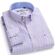 Men’s Long Sleeve Contrast Plaid/Striped Oxford Dress Shirt with Left Chest Pocket Male Casual Slim-fit Buttoned Down Shirts