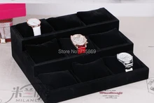 Free Ship 1pcs Black Color wood+Velvet Jewelry Display Case 12 Grid Pillow Watches Bracelet