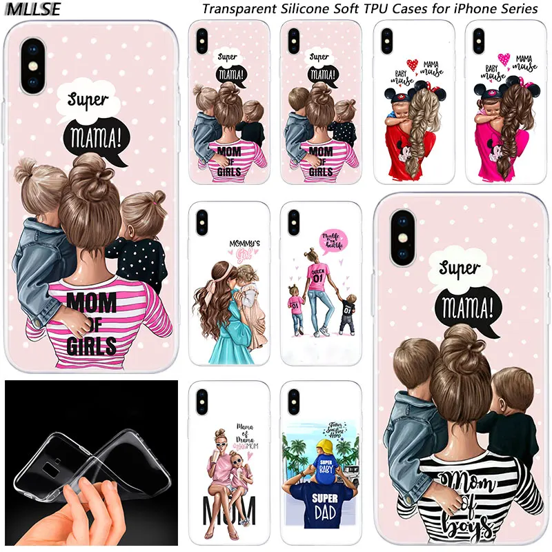 

Hot Baby mom Girl and Boy Fashion Silicone Case Cover for Apple iPhones 11 Pro XS Max X XR 7 8 6 6s Plus 5S SE TPU Soft Cases