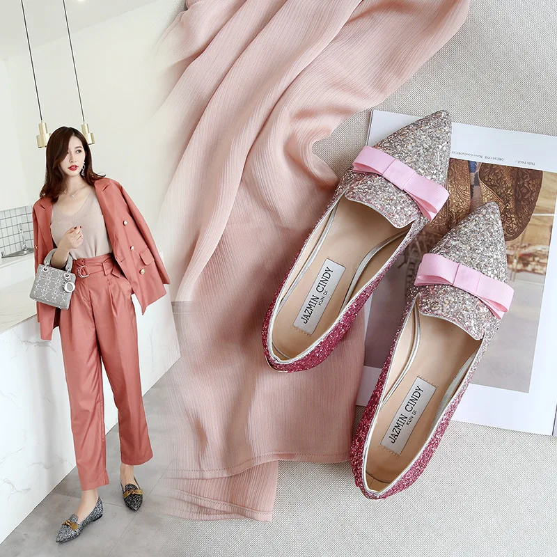 

2019 autumn new fashion simple solid color flat shoes women retro style sequins decorative bow decoration casual shoes