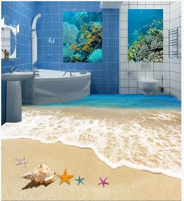 

Custom photo wallpaper 3d Flooring painting wallpaper 3D surf beach shell starfish living room bathroom floor painting stickers