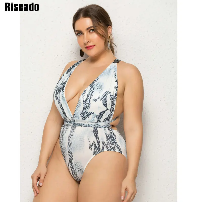

Riseado Deep V One Piece Swimsuit Plus Size Swimwear Women Snake Print Bathing Suit Push Up Beach Wear 2019 Cross Strap Bathers
