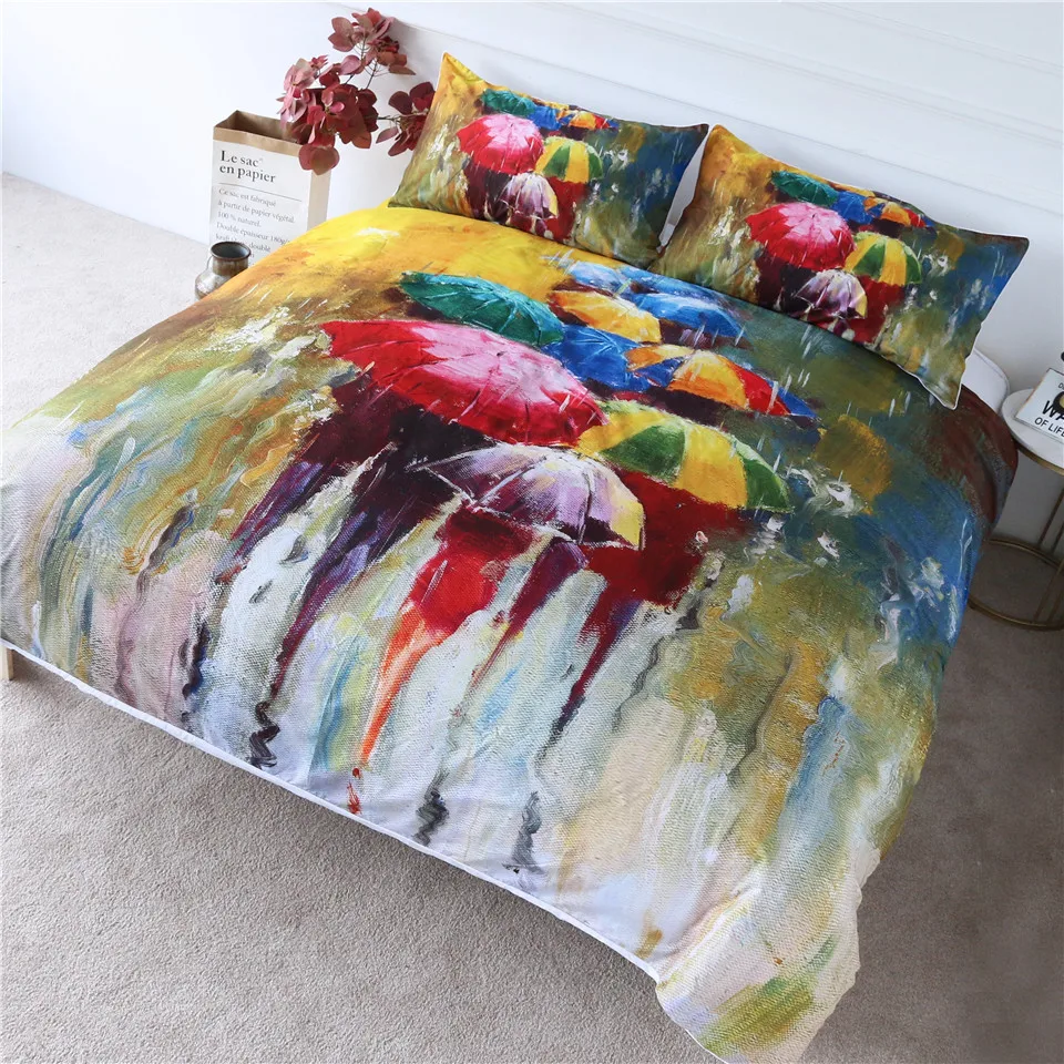 BlessLiving الملونة مظلة طقم سرير يوم ممطر حاف مجموعة غطاء 3-قطعة النفط اللوحة سرير مطبوع غطاء الفن المفارش الملكة